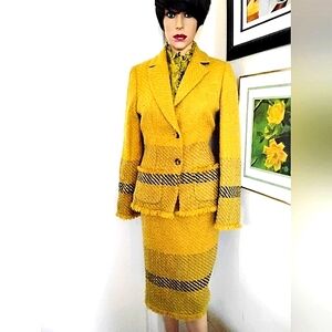LES COPAINS 42/44 8 WOOL TWEED BOUCLE YELLOW GOLD BLACK JACKET SKIRT SUIT ITALY